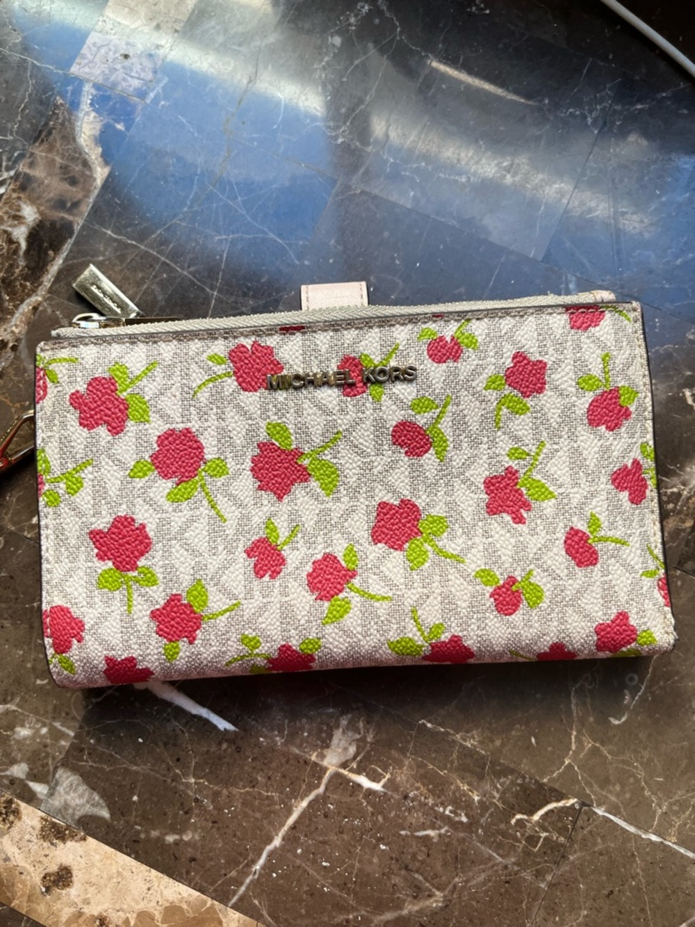 Michael Kors Pink Floral Zip-Around Wallet with Green Accents